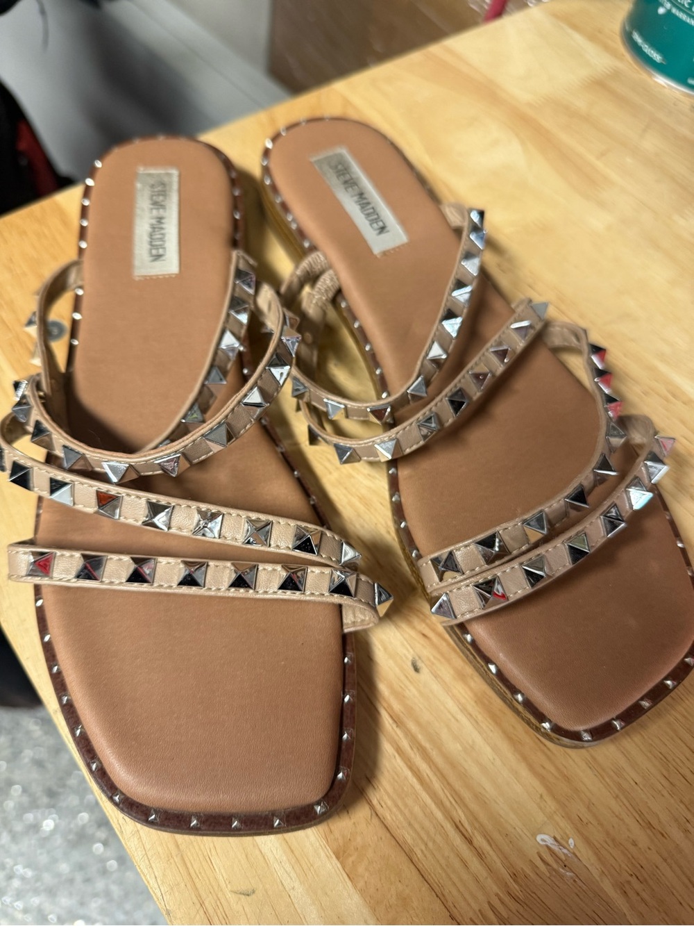 Steve Madden Beige/Tan Pyramid Stud Strappy Sandals